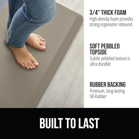 GORILLA GRIP Comfortable Cushioned Kitchen Mats for Floor, Waterproof and Stain Resistant Soft Top, 3/4 Inch Thick Ergonomic Standing Desk Anti Fatigue Mat, Foam Supports Ankles and Feet, 17x24, Taupe