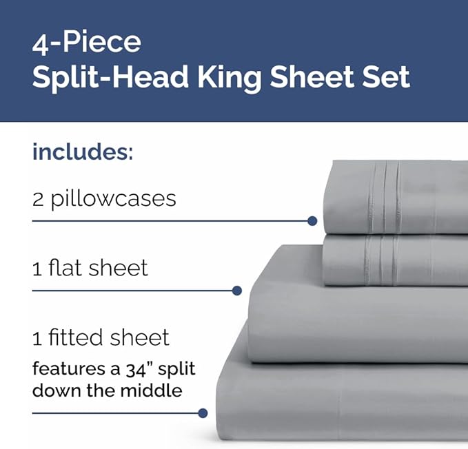 Split Head King Sheet Set – 4 Piece Flex Split Top King Sheets for Adjustable Beds - Fits 14” to 16" Mattress w/ Deep Pockets - Soft, Breathable & Cooling - Luxury Bedding & Wrinkle Free - Steel Blue