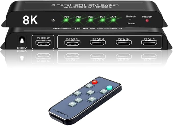iArkPower 8K HDMI Switch 4 in 1 Out 4K@120Hz HDMI Switcher Support HDR10+, Dolby Vision, Dolby Atmos, VRR, ALLM, CEC