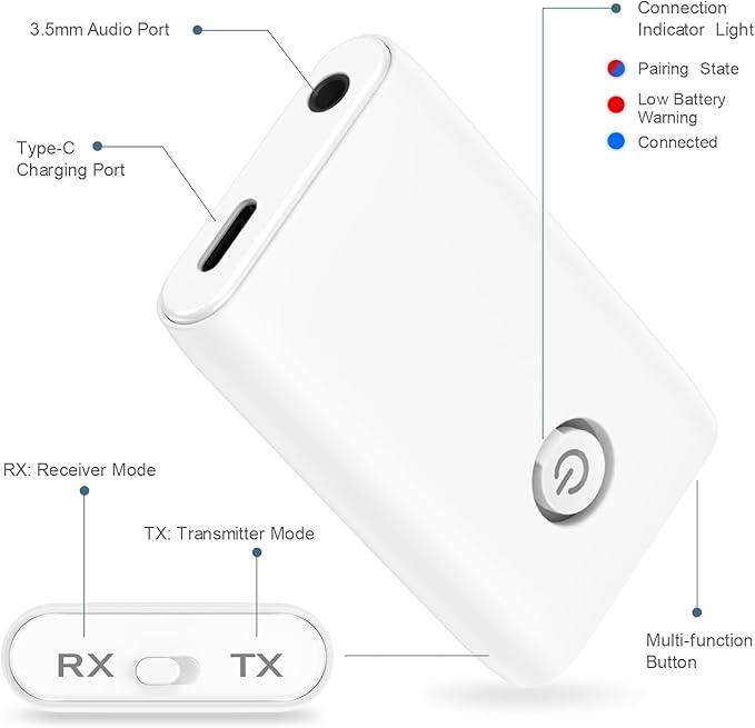 Ankilo Upgraded Bluetooth 5.3 Transmitter Receiver, 2 in 1 Wireless Bluetooth Adapter, Portable Aux Adapter for Car, Audio Receiver for Laptop, Radio, Headphones, Speakers, TV, White