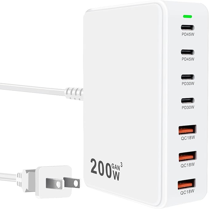 USB C Charger Block 200W 7 Port GaN Fast Charging Block Station, Multiport PD QC3.0 Brick Hub Compatible with Laptop MacBook Pro/Air, iPad, iPhone 17/16/15, Galaxy S23/22, DELL, Steam Deck(White)