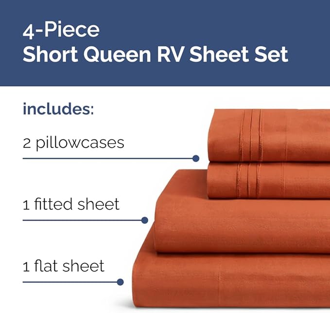 RV Short Queen Sheet Set 60 X 75 - 4 Piece RV Short Queen Bed Sheets - Soft, Breathable & Cooling - Designed for Bunks, Trailers & Campers - Fits 8” to 12" Mattress - Hotel Luxury Bedding - Terracotta
