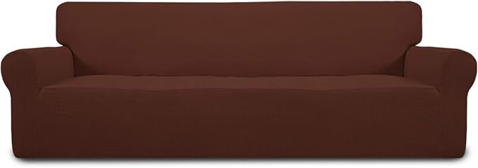Easy-Going Stretch 4 Seater Sofa Slipcover 1-Piece Sofa Cover Furniture Protector Couch Soft with Elastic Bottom for Kids, Polyester Spandex Jacquard Fabric Small Checks Coffee