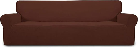 Easy-Going Stretch 4 Seater Sofa Slipcover 1-Piece Sofa Cover Furniture Protector Couch Soft with Elastic Bottom for Kids, Polyester Spandex Jacquard Fabric Small Checks Coffee