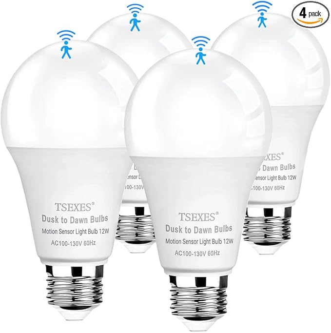 TSEXES 12W Motion Sensor Light Bulbs (100W Equivalent), 5000K Daylight, Motion Activated Light Bulb with Dusk to Dawn Sensor for Outdoor & Indoor,Porch, Stairs, Hallway, 4-Pack
