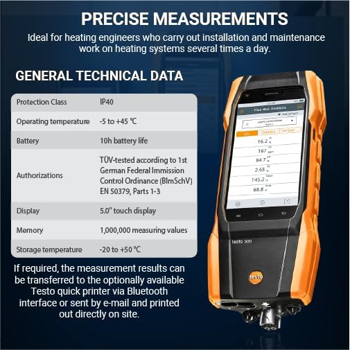 testo 300 Combustion Analyzer HVAC Kit with Printer - Combustion Leak Tester for Flue Gas, Draft, Differential Pressure & Ambient CO - Natural Gas Leak Tester with Probes - CO Meter with Touch Display