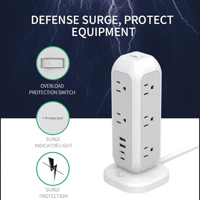 [White Lunar] Power Strip Tower with Surge Protector – 11 AC Outlets, 4 USB Ports (2 USB-A & 2 USB-C), 6ft Heavy-Duty Flat Plug Extension Cord for Home, Office & Dorm Essentials