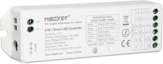 LGIDTECH LS2 LED Strip Lights 5 in 1 Controller,Compatible with Single Color,RGB,RGBW,WW+CW,RGB+CCT LED Strip Lights,Smartphone APP Control via Gateway(Excluded)