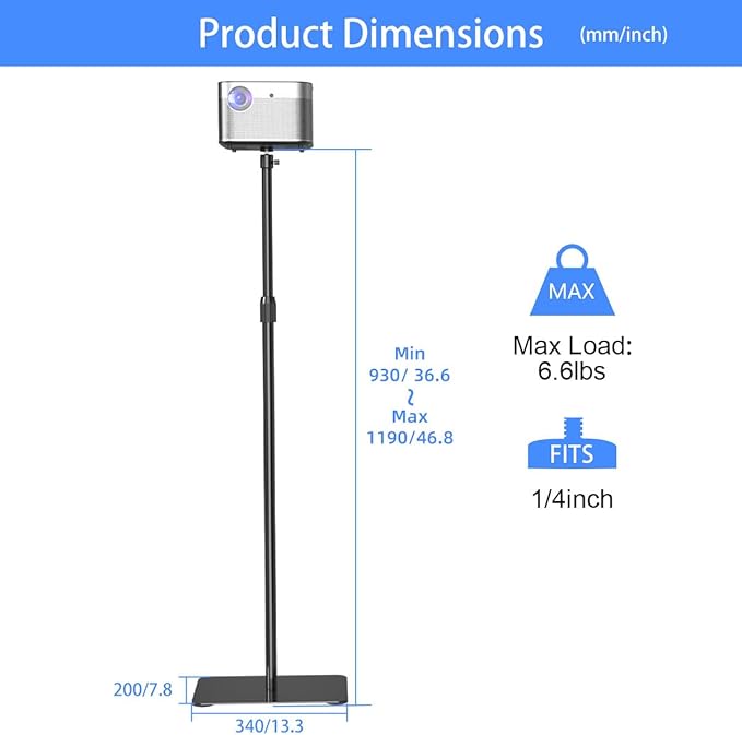 suptek Projector Stand 360°Swivel, Height Adjustable 36.6-46.8inch, Mini Projector Mount Bracket, Compatible with Home Office Video Vlog DVR Camera, PR001F