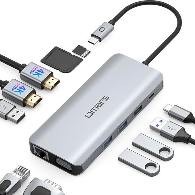 USB C Laptop Docking Station Dual Monitor HDMI for Dell HP 11 in 1 Type USB C Hub Triple Display Multiport Adapter Dongle to 2 HDMI 4K Ethernet 4 USB PD SD TF VGA for MacBook Lenovo Surface