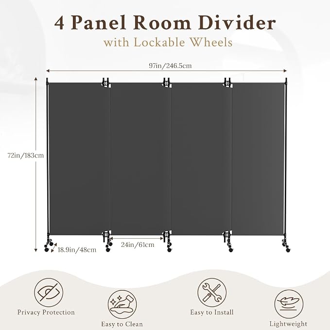 Kokorona 4 Panel Room Divider, 6FT Tall Folding Privacy Screen - Image 2