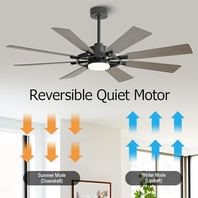 ELEHINSER 60 Inch Ceiling Fan with Lights and Remote Control, 8 Plywood Blades, 6-Speed Noiseless Reversible DC Motor, 3CCT, Windmill Ceiling fan for Kitchen Bedroom Living Room, Black and Grey