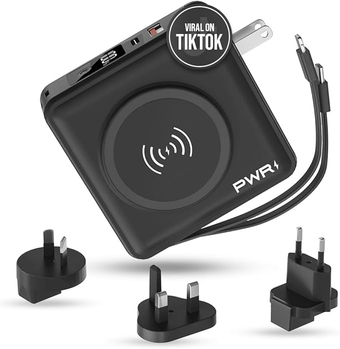 PWRMobile PWR Travel PRO 5-in-1 Power Bank – 10,000mAh with Built-in Cables – 20W USB-C + 15W Wireless Charging – Compact Portable Charger for iPhone & Android- Black