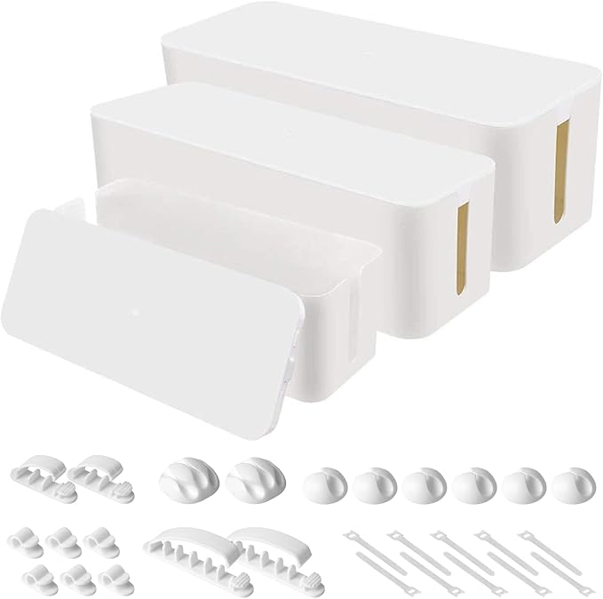 Cable Organizer Box Set of Three, Power Cover Cord Holder Surge Protector for Desk (White)