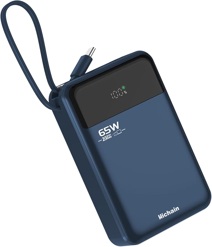 Hichain Laptop Power Bank 65W Laptop Portable Charger 20000mAh Battery Pack Fast Charging with USB C Cable, Phone Charger for iPhone 17/16/15/14/13 All Series/Samsung/Android, Camping Essential, Blue