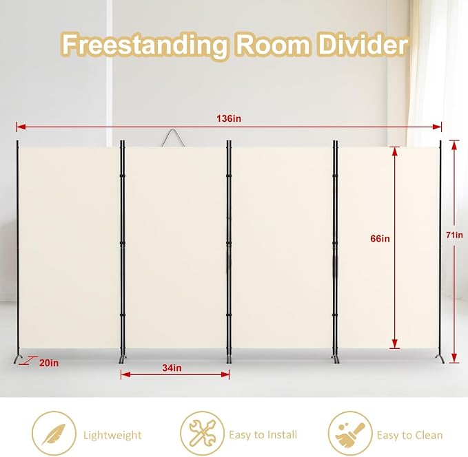 Kokorona 4 Panel Room Divider, 6FT Tall Folding Privacy Screen Wall Dividers - Image 2
