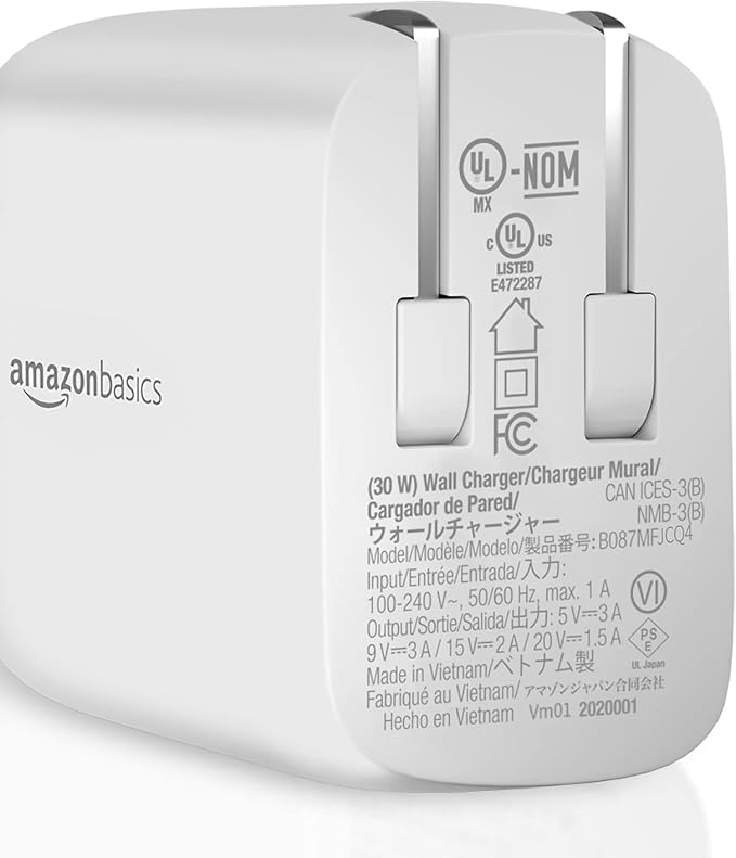 Amazon Basics 30W One-Port GaN USB-C Wall Charger with Power Delivery PD for Tablets & Phones (iPhone 16/15/14/13/12/11/X, iPad, Samsung, and More), Non-PPS, White