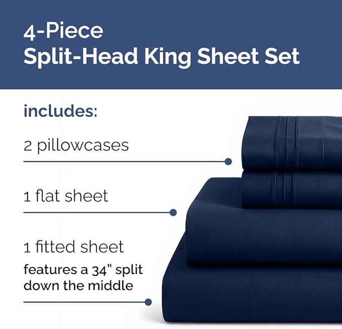 Split Head King Sheets Set - Top Split King Sheets for Adjustable Beds, Easy-Fit Split Head King Mattress - Flex Split Top King Sheets, Easy-Fit, Breathable, Deep Pocket Split King Sheets - Navy Blue