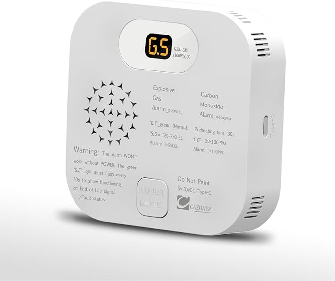 RV Carbon Monoxide Detector & Propane/Natural Gas Detectors, 10-Year Lifespan, 3-in-1 Gas Alarm for Camper, Home, Voice Alert with LCD Display, USB-C & 12V DC Powered, Compact Design