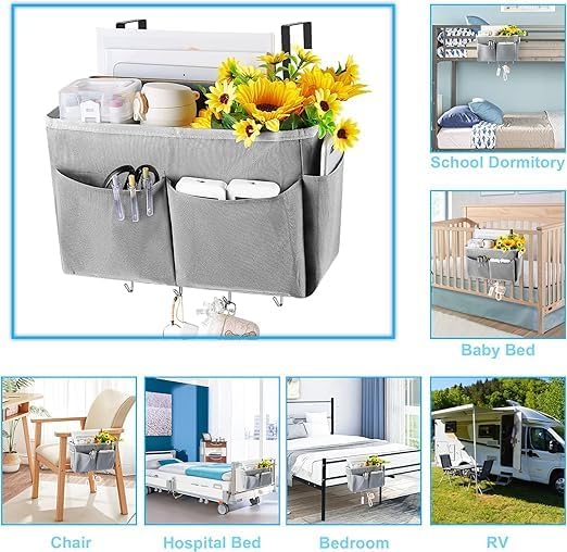 Bedside Caddy Organizer 5 Pockets 4 Hooks Bunk Bed 2Pack Grey | Hanging Storage - Image 6