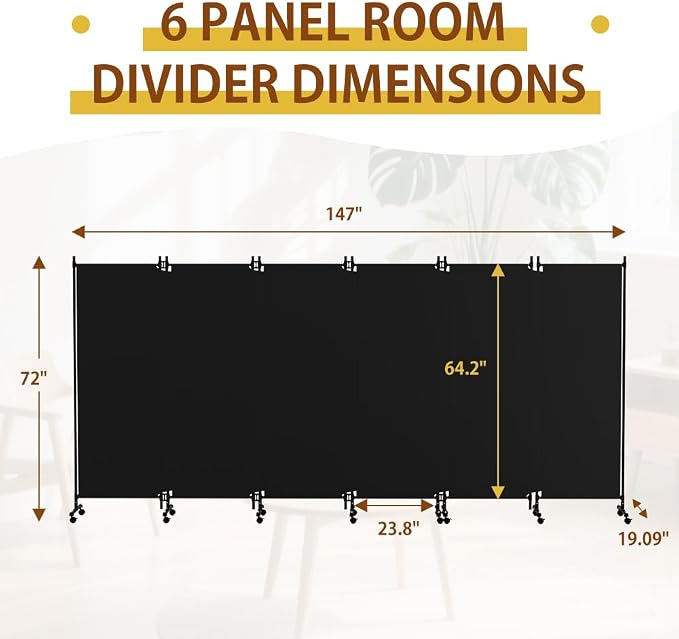 6 Panel Room Divider with Lockable Wheels, Freestanding Partition Room - Image 2