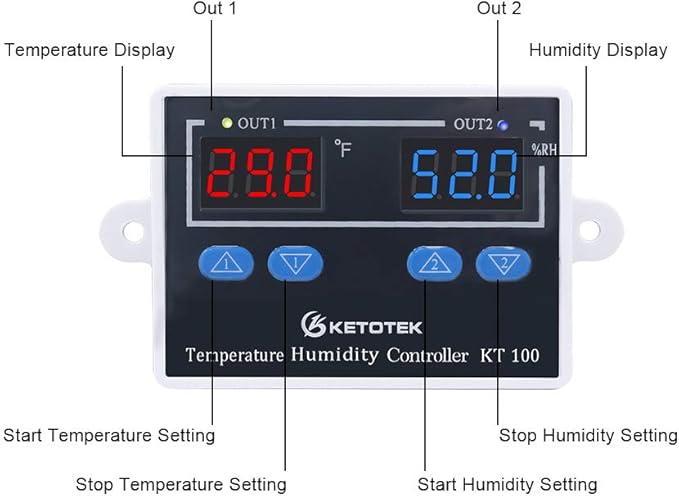 KETOTEK Temperature Humidity Controller Digital Thermostat Module 120V, Heating Cooling Humidification and dehumidification Control 110V 10A, Fahrenheit Display