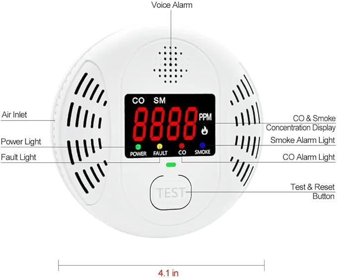 Vzmcov Carbon Monoxide and Smoke Detector Equipped with LCD Display, Battery Powered, Dual Sensor Alarm, 85dB Voice Alarm and Real-time CO Tracking, Suitable for Home/Kitchen/Bedroom/RV 1-Pack
