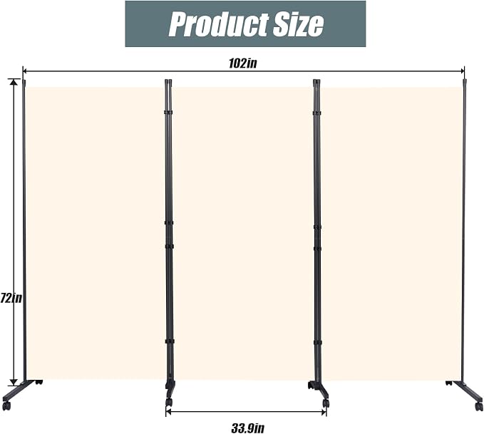 Room Divider 102'' Wide Folding Privacy Screen, 3 Panel Wall Divider w/Wheel | - Image 5