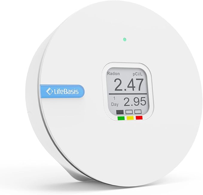 LifeBasis Radon Detector for Home, Portable E-Ink Display Radon Meter with Short & Long Term Monitoring of Radon Levels, Visual Alarm, Switchable Mesurement Unit Bq/m3 or pCi/L, Battery-Powered