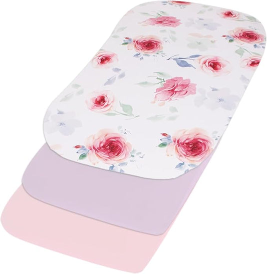 Belsden Pack of 3 Fitted Bassinet Sheet Set, Flexible Fit Various Bassinet, Adapts to Oval, Hourglasss and Rectangle Shaped Bassinet Pads, Cloudy Soft Washable Material, Pink Rose & Pink & Lilac