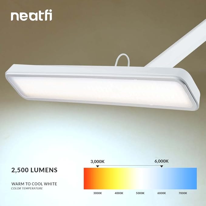 Neatfi (New Model) XL 2,500 Lumens LED Task Lamp with Clamp, 5 Light Modes, 3000-6000K Correlated Color Temperature, 30W, Dimmable, 324 Pcs SMD LED, Desk Light for Home, Office (CCT, White)