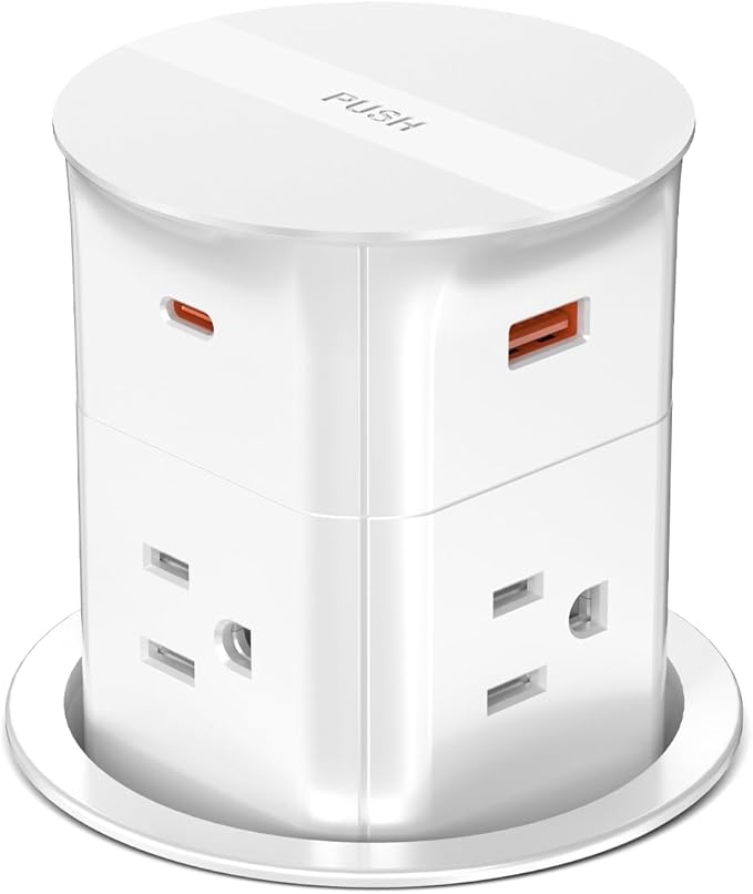 Pop Up Outlet for Countertop,Recessed Power Strip,Power Grommet 3.15 inch Desk Hole Insert,20W USB C,2 Outlets,2 USB C/2 USB A, Table Outlet,Desk Charging Station (White, 3FT)