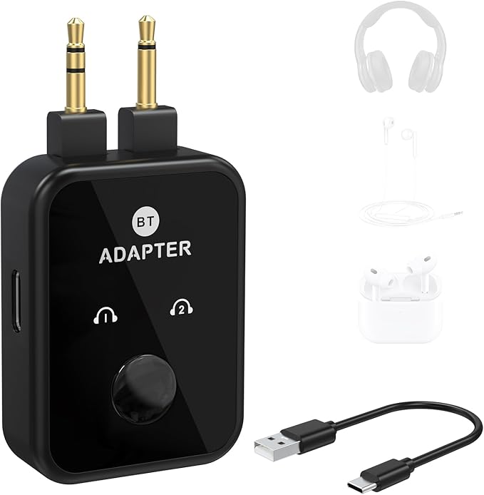 Airplane Bluetooth 5.3 Transmitter Adapter, 3.5mm to Dual Bluetooth Audio Converter, Wireless Hi-Fi Transmitter Receiver for Headphones, Speakers, TV, Switch, PC, Car, Flight, Support 2 Headphones