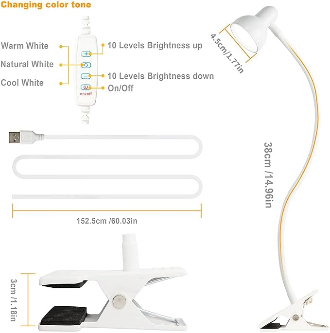 Clip on Lamp USB Reading Light, 3 Color Modes, 360° Flexible Desk Lamp - Image 5