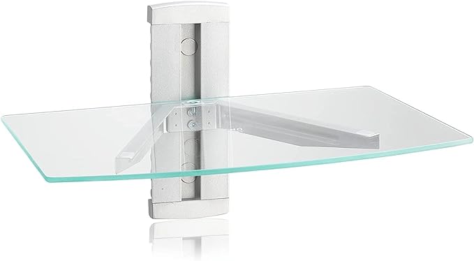 suptek Glass Floating Shelves, TV Wall Mount with Shelf for DVD Player / PS4 / Cable Boxes/Game Consoles/Sky Box/TV Accessories, Media Shelf, Flat Wall Mount Bracket, 1 Tier Shelf, Silver