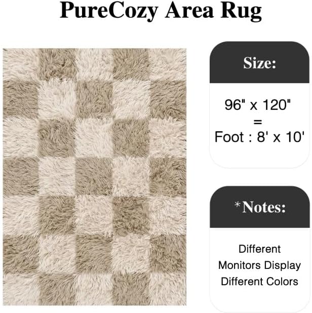 Beige 8x10 Area Rug for Living Room Soft Checkered Shag Carpet | Machine - Image 2