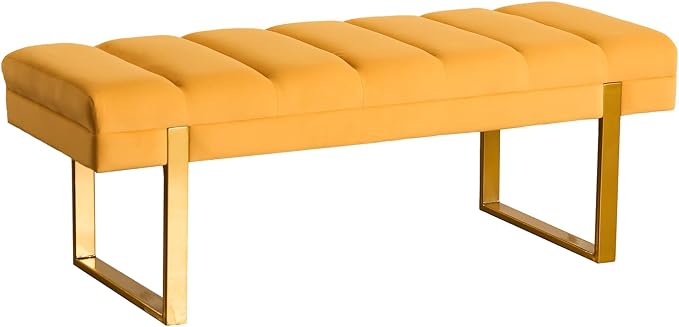 46" Velvet Bench with Gold Leg for Bedroom Window End of Bed Mustard Yellow | - Image 7