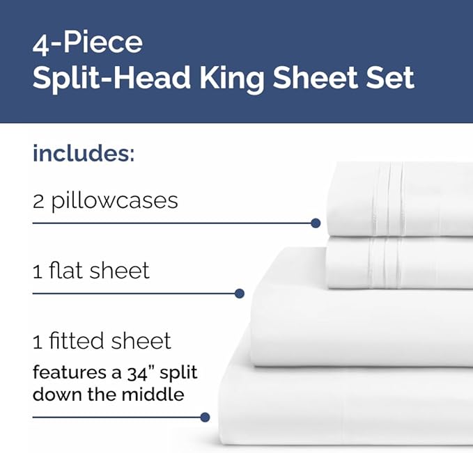 Split Head King Sheets Set – Top Split King Sheets for Adjustable Beds, Easy-Fit Split Head King Mattress - Flex Split Top King Sheets, Easy-Fit, Breathable, Deep Pocket Split King Sheets Set - White