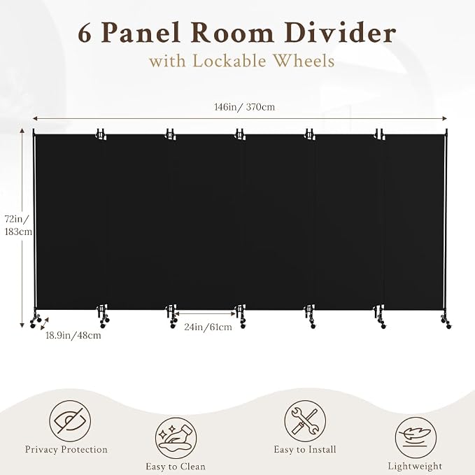 Kokorona 6 Panel Room Divider, 6FT Tall Folding Privacy Screen - Image 2