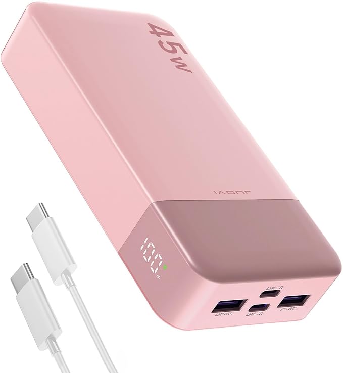 JUOVI J2621 Power Bank Portable Charger,20000mAh 45W PD3.0 QC 4.0 Fast Charging Battery Pack with LED Display,2 USB-C,2 USB-A for iPhone 15 16, MacBook (Pink)