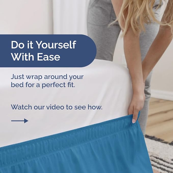 Wrap Around Dust Ruffle Bed Skirt - Denim Blue - for Full Size Beds with 21 Inch Drop - Elastic Strap - Adjustable Pleated Bedskirt with Brushed Fabric and Wrinkle Free - for Women, Men, Kids & Teens