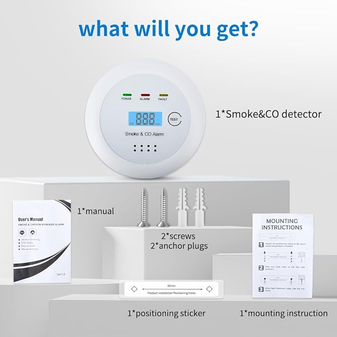 2 in1 Smoke Detector Carbon Monoxide Detector Combo,with LCD Digital Display and Sound Warning Test Button，Battery Powered，Easy Installation, for Home, Bedroom, Kitchen (3PACKS)