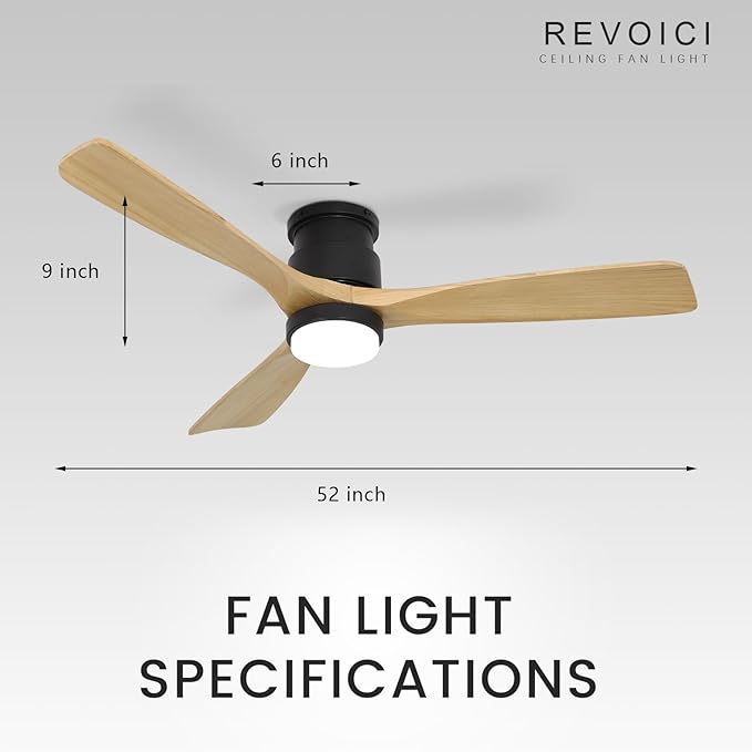 revoici Flush Mount Ceiling Fan with Light Remote, 52inch Natural Wood Ceiling Fans, 6 Speeds Reversible DC Motor 3CCT LED Lighting, Indoor Outdoor Fan Farmhouse Bedroom Living Room