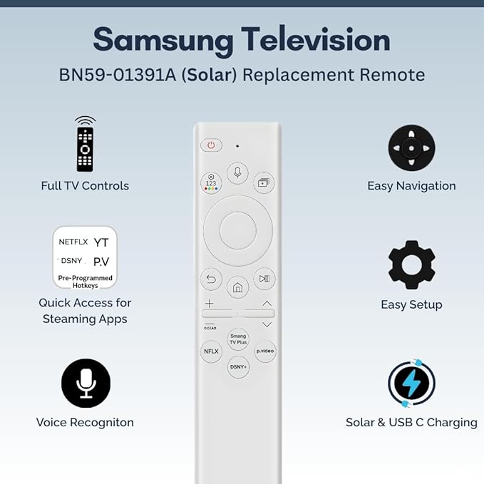 BN59-01391A Samsung TV Remote Control Replacement for Smart TV - Easy Setup, Universal Bluetooth/IR Voice Remote, Solarcell - Works with Samsung QLED, Frame, Crystal UHD, 4K, & LED Smart TVs, White