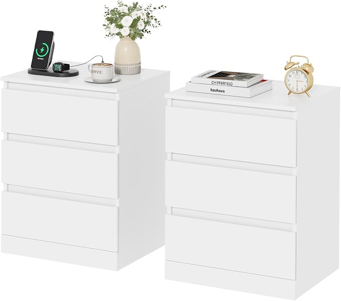 Nightstands Set of 2 with Charging Station and Drawer, Modern End Tables by Draelibor