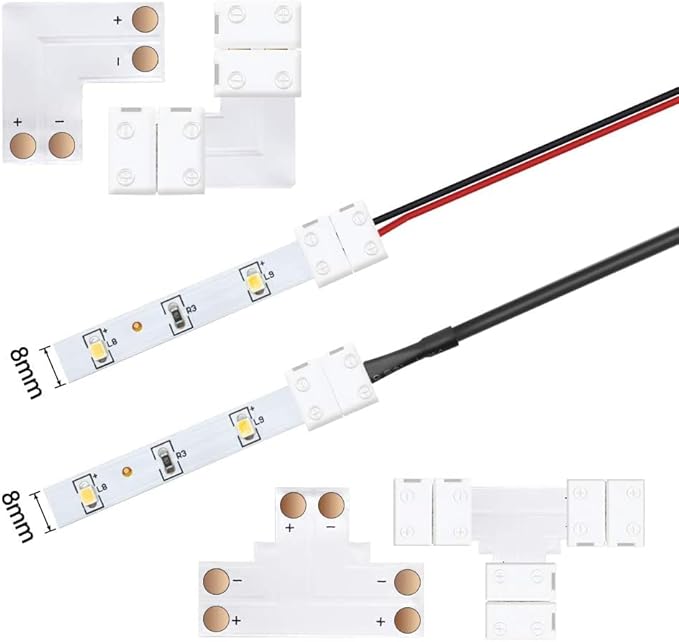 LightingWill 2 Pin LED Strip Light Connector Kit, 8mm Solderless Adapter Connectors, LED Strip Accessories Set for 8mm Wide 3528 2835 Single Color Flex LED Strips, 24 Pack