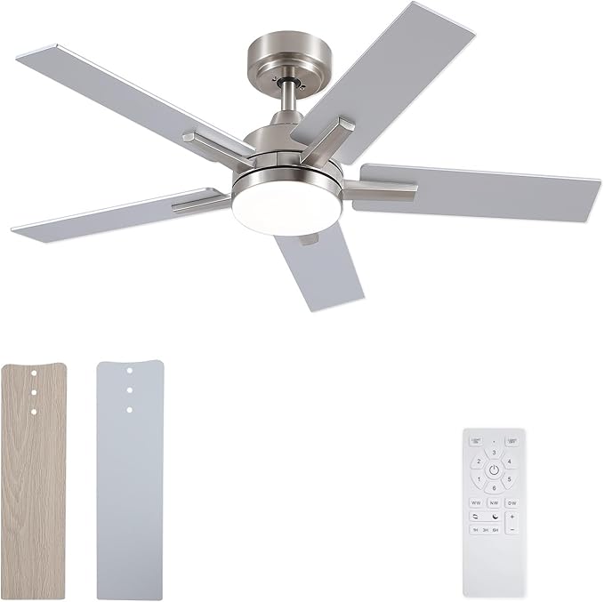 SODSEA Ceiling Fans with Lights, 42 Inch Nickel Ceiling Fan with Light and Remote Control, Reversible, 3CCT, Dimmable, Noiseless, Small Ceiling Fan for Bedroom, Indoor/Outdoor Use