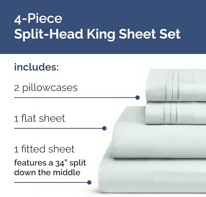 Split Head King Sheet Set – 4 Piece Flex Split Top King Sheets for Adjustable Beds - Fits 14” to 16" Mattress w/ Deep Pockets - Soft, Breathable & Cooling - Luxury Bedding and Wrinkle Free - Ice Blue