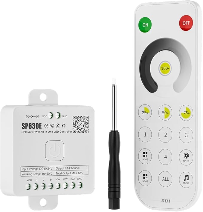 BTF-LIGHTING SP630E Bluetooth Controllers 4 Zones 2.4GHz Dimming RF RB1 Remote Kit Support FCOB COB SMD PWM or SPI Single Color LED Strip WS2811 IC etc DC5V DC12V DC24V