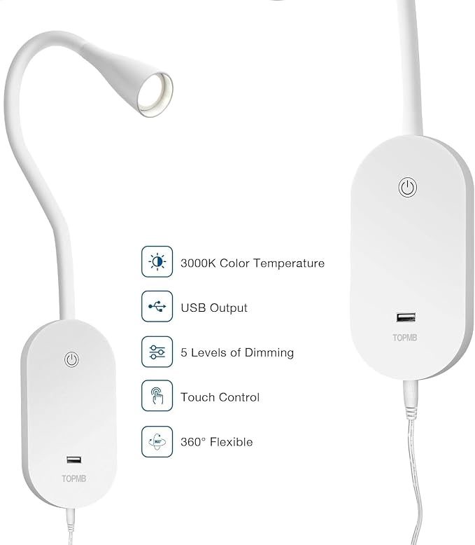 Wall Reading Light for Books in Bed, USB Output Headboard Wall Lamp, 5 Dimmable - Image 4